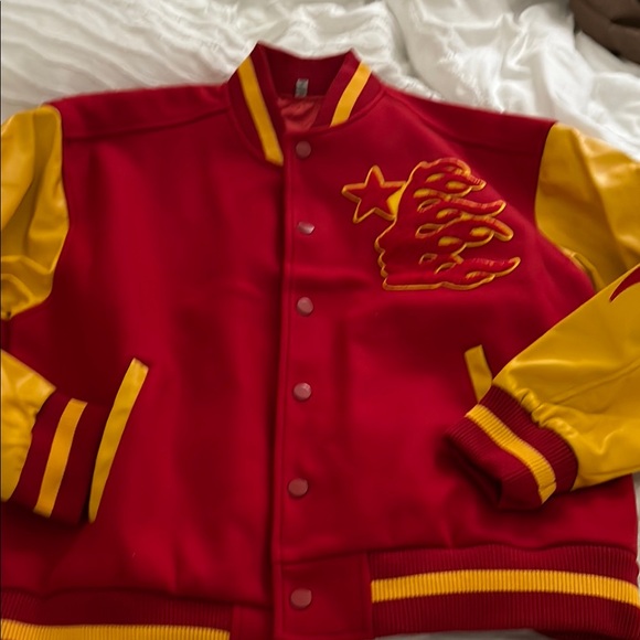 Red and Yellow Wool & P/U Leather Jacket - Picture 2 of 5